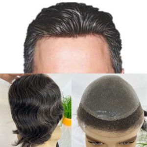Men's Toupee PU Base With Frontal Swiss Lace Net 100% Virgin Human Hair Hairpieces Replacement System For Men 10x8 "Base Size