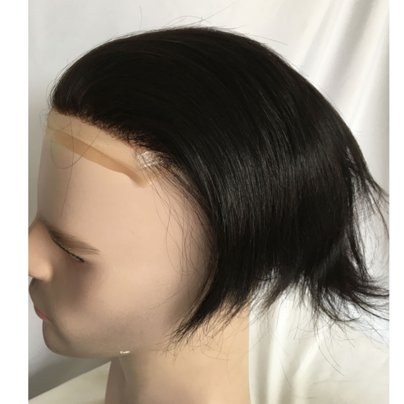 Men Toupee Q6 French Lace Base With PU Banded Easy Wear Breathable Lace Men's Human Hair Toupee Lace Base 1B Color - Image 4
