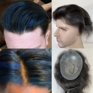 Pwigs Mens Toupee Thin Skin PU Base 1B Highlight Blue Hairpiece 100% European Human Hair Toupee for Men Natural Hairline 8x10