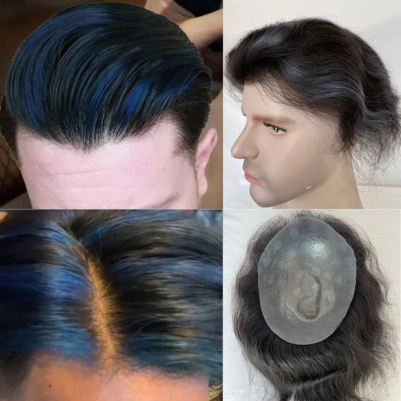 Pwigs Mens Toupee Thin Skin PU Base 1B Highlight Blue Hairpiece 100% European Human Hair Toupee for Men Natural Hairline 8x10