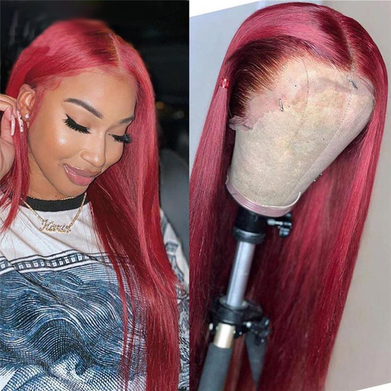 150% Straight 99j Lace Front Wig Red Burgundy Closure Wig Brazilian Remy Hair Wigs Colored Human Hair Wigs Glueless Lace Wig - Image 5