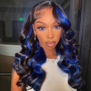 Blue Ombre Hightlight HD Transparent Lace Peruvian Human Hair Black And Blue Ombre  Lace Front Wigs Wavy Black Wigs