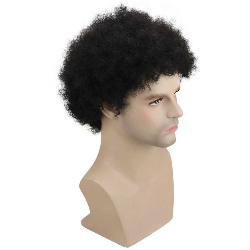 Human Hair Afro Curly Mens Toupee Hairpiece Wig Brazilian Remy Human Hair Short Kinky Curly None Lace Full Wig for Men (Nature Black) - Image 3