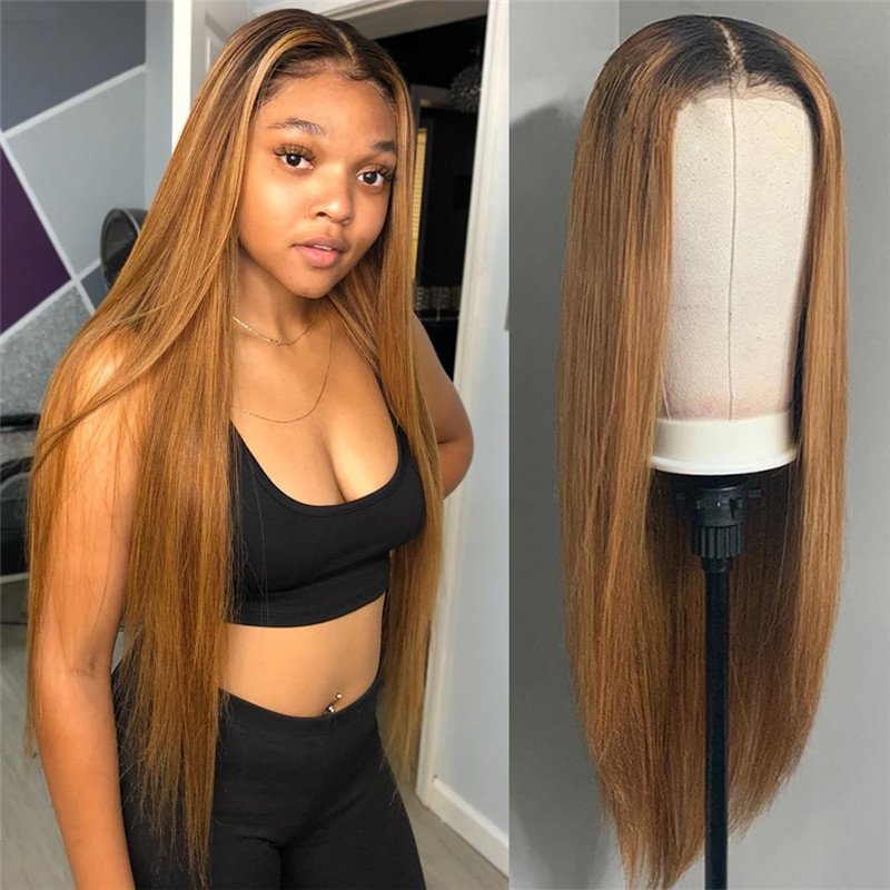 Straight Brown 13x4 Lace Front Wig Honey Blonde Brazilian Remy 1b/27 Ombre Lace Front Human Hair Wigs For Women Bleach Knots - Image 4