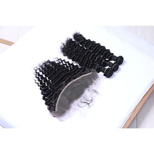 3Bundles 300g Brazilian Remy Human Hair Deep Wave Human Hair Wefts with Free Part 13x4 Lace Frontal Closures - Image 5