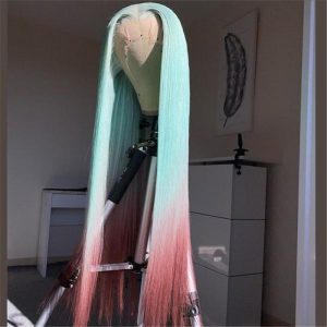 Human Hair Mint Green Ombre Color Lace Front Fashion Wig