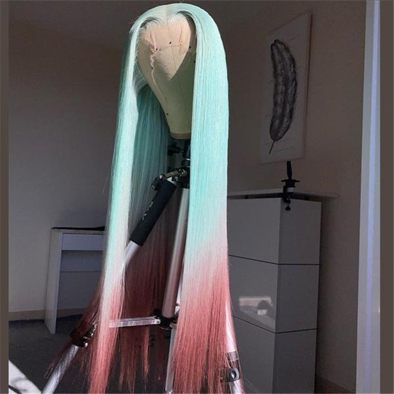 Human Hair Mint Green Ombre Color Lace Front Fashion Wig