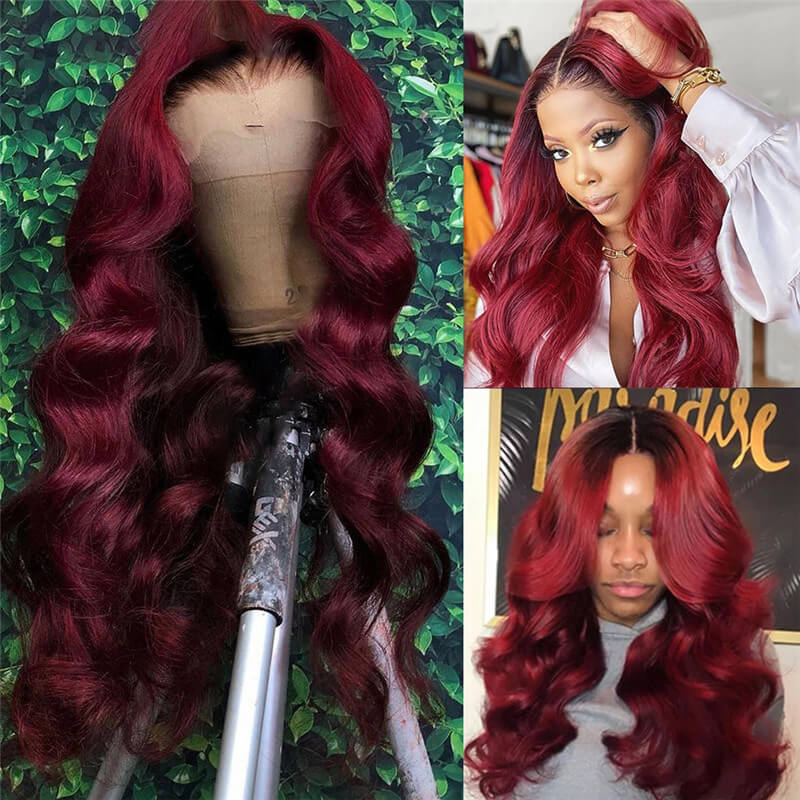 1B/99J Red Burgundy Ombre Lace Front Human Hair Wigs For Women Body Wave Brazilian Remy Glueless Colored Wigs