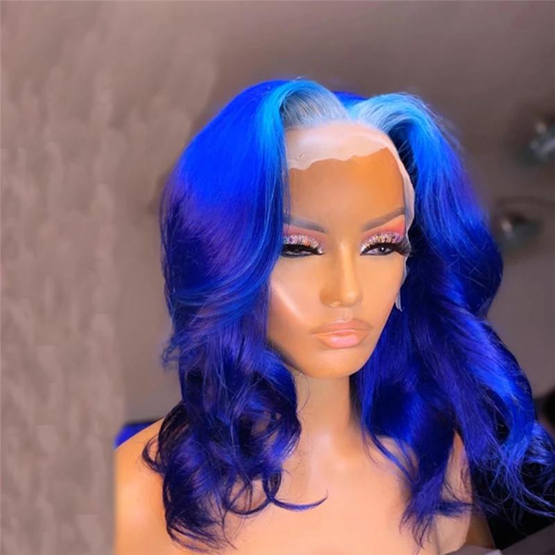 Bob Wavy Blue Wig Brazilian Remy Hair Blue Human Hair Lace Wig Bob Ombre Human Hair Wigs For Women Transparent Lace Wigs 150% - Image 3