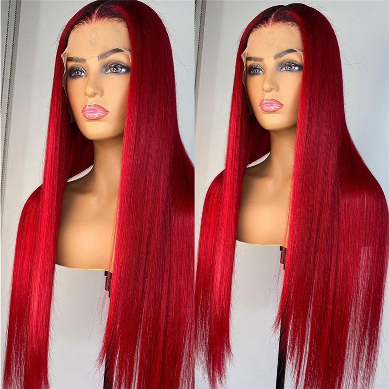 Straight Red Lace Front Human Hair Wigs 99J Brazilian Remy Red Colored Wigs For Women Red Lace Front Wig Bleached Knots 150% - Image 3