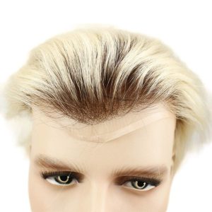 Alternative view of Ombre T60 Platinum Blonde and Black 6-7 Inch 100% Human Hair Men's Toupee Super Thin Mono Lace with PU Around Ombre Blonde 60 Color10" x 8" Toupee