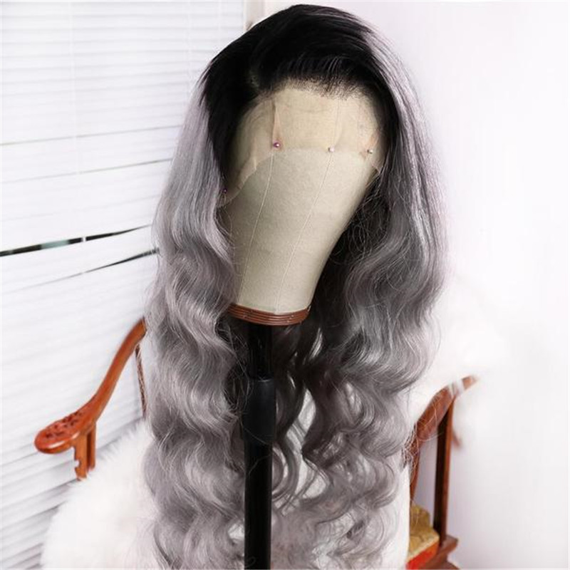 Human Hair Silver Grey Color With Dark Root Lace Front Wig - Image 2