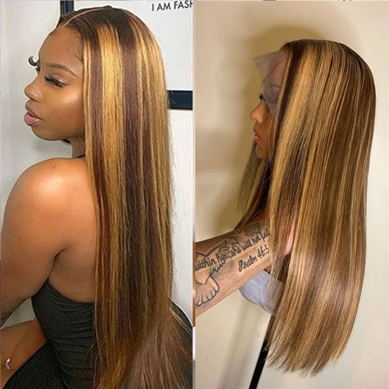 Ombre Straight Lace Front Wig Highlight 28Inch Lace Front Wig Brazilian Remy Highlight Wig Honey Brown Colored Human Hair Wigs - Image 3