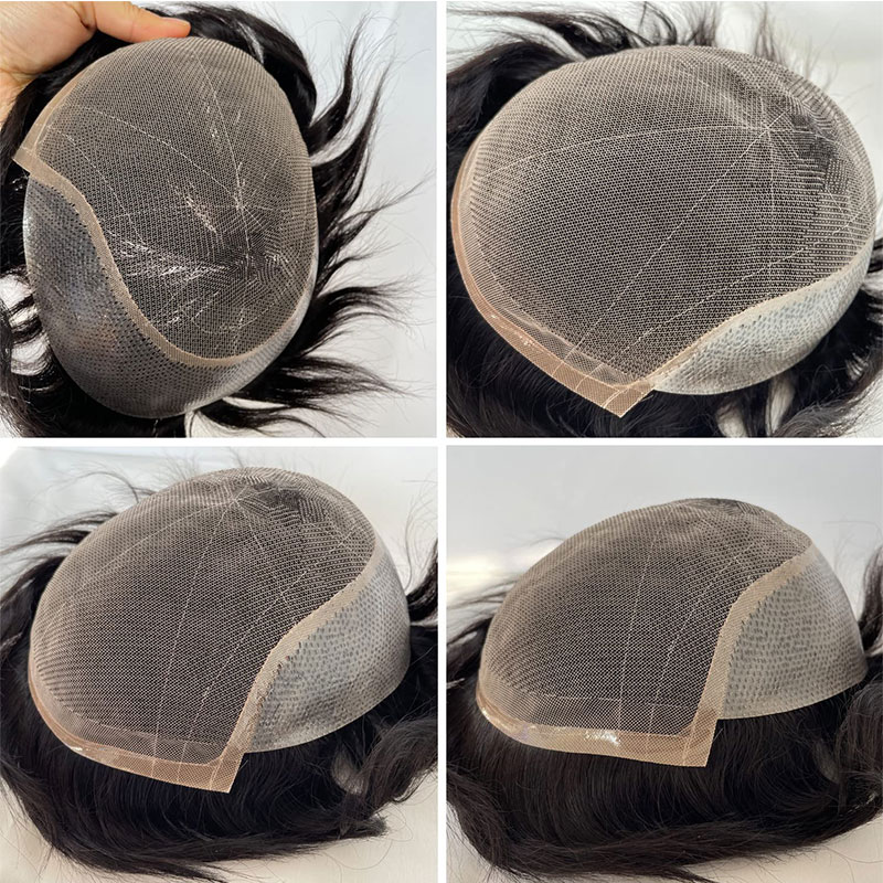 Pwigs Q6 Base for Men French Lace Front Mens Toupee Poly Lace Skin Hair System Mens Hairpiece Front Bleached Knot Natural Hairline Wig - Image 4