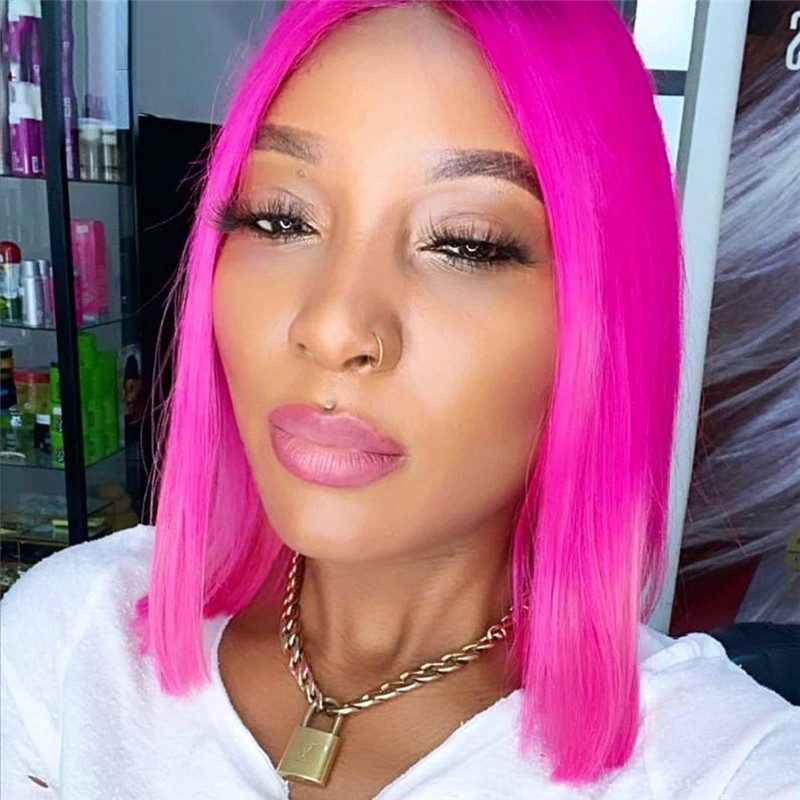 Straight Pink Lace Front Wig Brazilian Remy Hair Pink Bob Ombre Human Hair Wig Pink Closure Wig Transparent Lace Wigs For Women - Image 2