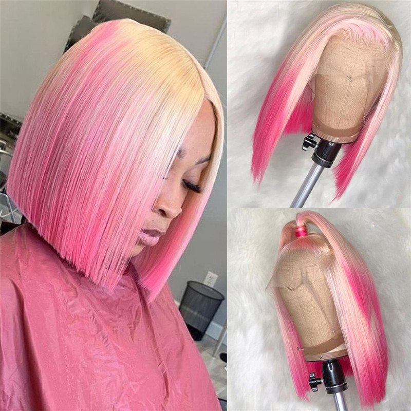 150% Straight Pink Ombre Bob Lace Front Wig Brazilian Remy Blue Bob Colored Human Hair Wigs For Women Transparent Lace Wigs - Image 5