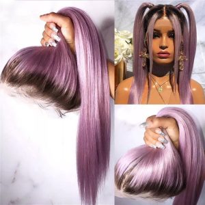 Alternative view of Lilac Purple With Dark Root Straight Lace Front Wigs Transparent Purple Lace Front Wig Straight Colored Human Hair Wigs For Women