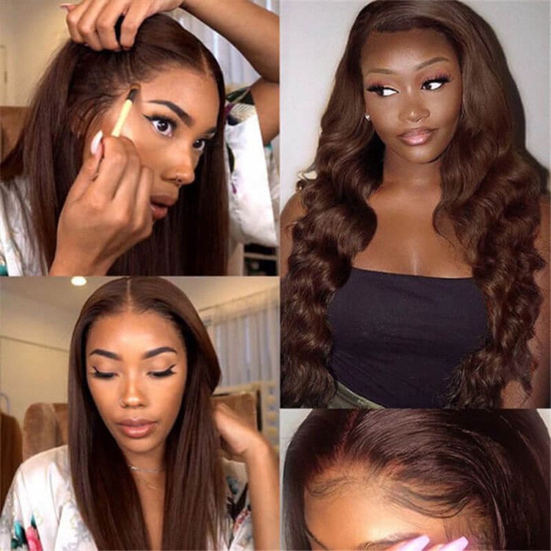 #4 Chocolate Brown Colored Body Wave 13X4 Lace Front Wig Pre Plucked 100% Human Hair Wigs For Women - Image 3