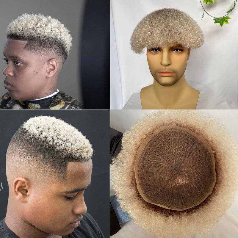 Men Toupee Human Hair Afro Curly Ombre #60 White Color Toupee for Men 8x10 inch Afro Curl Toupee for Black Men Full French Lace Hair System 360 Weave Men Toupee Hair System - Image 2