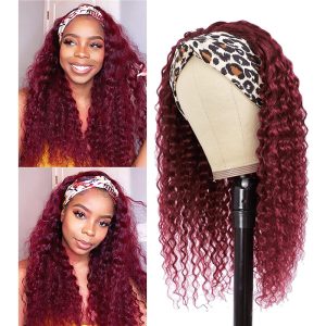 Highlights Headband Wig Human Hair Curly None Lace Front Wigs Deep Wave Natural Human Hair Wig Headband Attached Balayage Black with Auburn Highlights