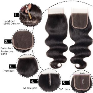 Alternative view of Transparent HD Swiss Thinner lace Free Part Body Wave 5x5 Lace Top Closures Natural Color Pre Plucked Hair Line