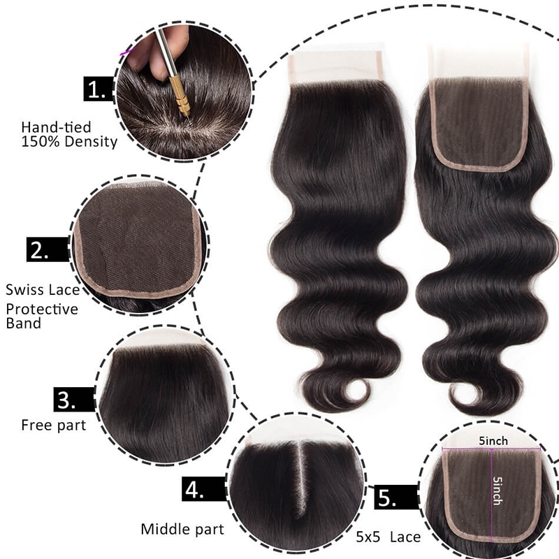 Transparent HD Swiss Thinner lace Free Part Body Wave 5x5 Lace Top Closures Natural Color Pre Plucked Hair Line - Image 2