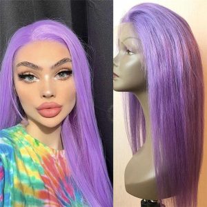 Alternative view of 150% Density Straight Purple Lace Front Wig Peruvian Remy Hair Purple Colored Human Hair Wigs For Women Pre Plucked Transparent