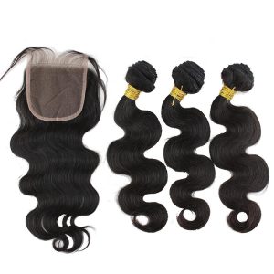 Hair Free Part 1pc 4x4 Lace Closure with Virgin Brazilian Human Hair 3 Bundles Weaves Body Wave Natural Color - Image 3