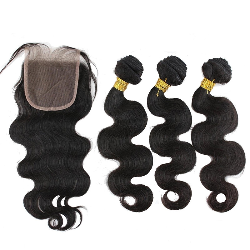 Hair Free Part 1pc 4x4 Lace Closure with Virgin Brazilian Human Hair 3 Bundles Weaves Body Wave Natural Color - Image 3