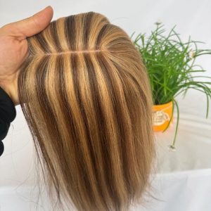 Ombre Medium Brown Mixed Dark Blonde 7x13cm Silk Base Human Hair Topper With Clips In Silk Top 100% European Human Hair Toupee for Women Hairpiece - Image 5