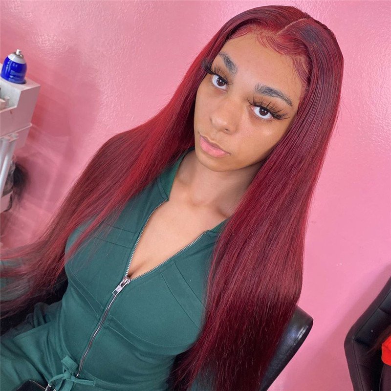 150% Straight 99j Lace Front Wig Red Burgundy Closure Wig Brazilian Remy Hair Wigs Colored Human Hair Wigs Glueless Lace Wig