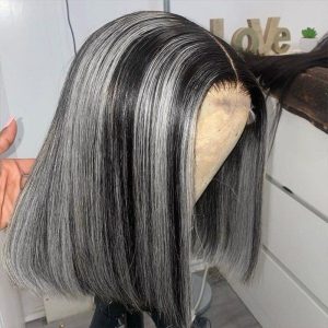 Alternative view of Human Hair Wigs For Women Black Highlight Grey Bob Wig Lace Front Wigs Ombre Human Hair Wig Preplucked