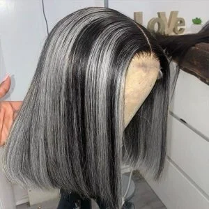Alternative view of Human Hair Wigs For Women Black Highlight Grey Bob Wig Lace Front Wigs Ombre Human Hair Wig Preplucked