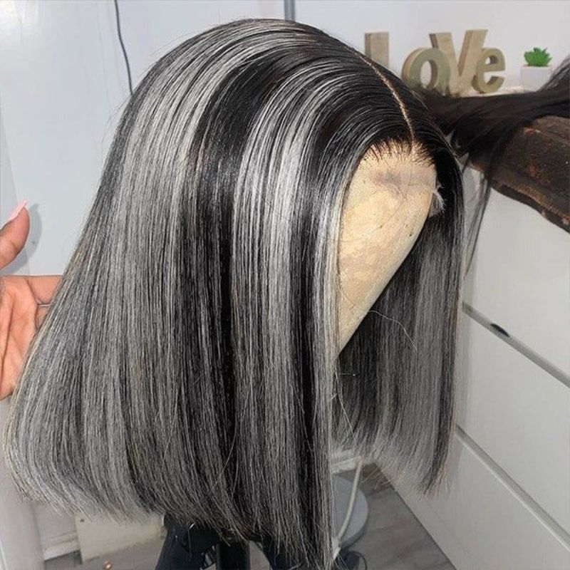 Human Hair Wigs For Women Black Highlight Grey Bob Wig Lace Front Wigs Ombre Human Hair Wig Preplucked - Image 2