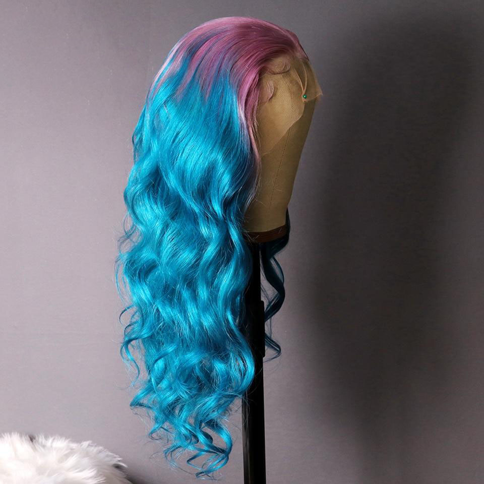 Long Gradient 3 Colored Pink violet Blue Ombre Hair 100% Human Hair Lace Wig for Party Lace Wigs For Women - Image 4