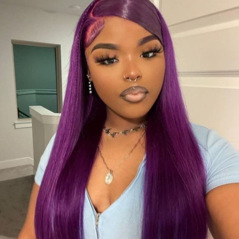 HD Lace Frontal Wig Ombre Grape Purple Colored Cambodian Human Hair Wigs For Women Pre Plucked Straight Glueless Wig - Image 2