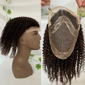 12 Inch Long Kinky Curly Men's Hair 100% Human Hair Toupee for Black Men 8x10 Mono Lace with PU Hair System 3#Brown Hair Replacement - Image 4
