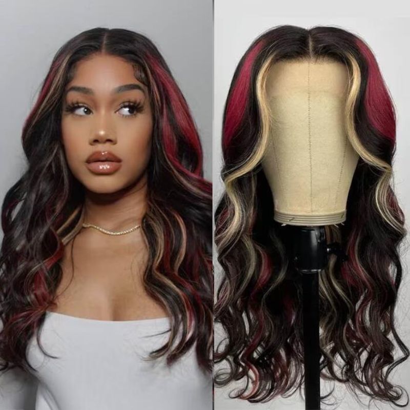 Ombre Red and Blond Highlight Wigs HD Lace Front Brazilian Human Hair Wig 13x4 Lace Wigs Pre Plucked Wavy Glueless Wig 150% Density - Image 2