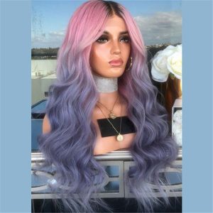 Human Hair Dark Root Pink Purple Ombre Color Lace Front Wig - Image 2
