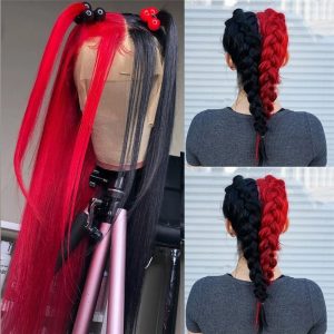 13x4 Straight Half Red half Black Lace Front Wig Brazilian 42inch Blonde Colored Human Hair Wigs Transparent Lace Frontal Wigs - Image 4