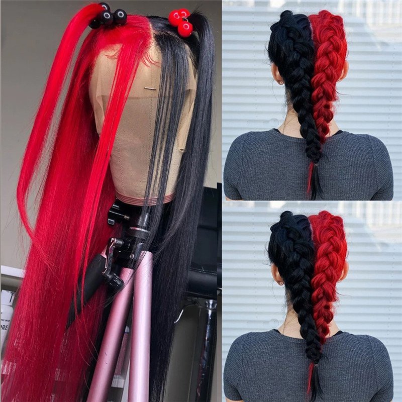 13x4 Straight Half Red half Black Lace Front Wig Brazilian 42inch Blonde Colored Human Hair Wigs Transparent Lace Frontal Wigs - Image 4