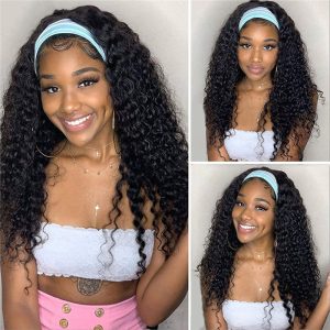 Headband Wigs Human Hair for Black Women Deep Wave Wig 14 Inch Brazilian Virgin Curly Human Hair Wig Glueless None Lace Front Headband Wig