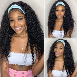 Headband Wigs Human Hair for Black Women Deep Wave Wig 14 Inch Brazilian Virgin Curly Human Hair Wig Glueless None Lace Front Headband Wig