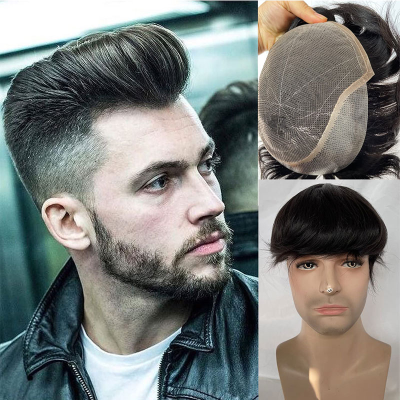 Pwigs Q6 Base for Men French Lace Front Mens Toupee Poly Lace Skin Hair System Mens Hairpiece Front Bleached Knot Natural Hairline Wig - Image 9