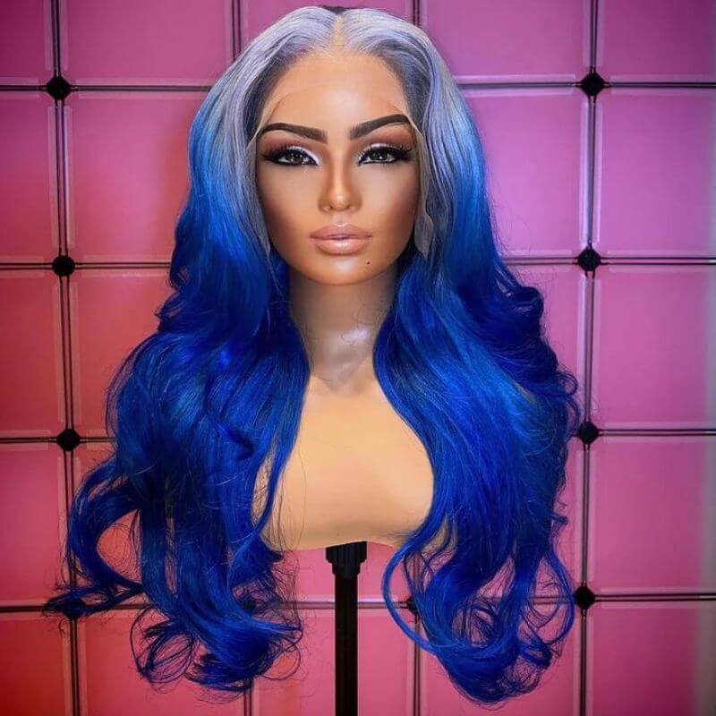 Body Wave Sliver and Blue Gradient Colored Lace Front Human Hair Wigs Brazilian Remy Highlight Colored Lace Front Wigs Ombre Blue Human Hair Lace Wig 150% Pwigs - Image 2