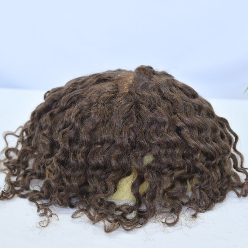 Pwigs Swiss Full Lace Men's Toupee 4 Brown Color 100% European Human Hair System 8 x10 Inch Lace Mens Wigs Loose Curly Hair System - Image 5