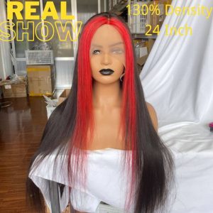 Skunk Stripe Peruvian Hair Lace Front Black Color Red Streak Highlight Wigs Human Hair Lace Front Wigs - Image 3