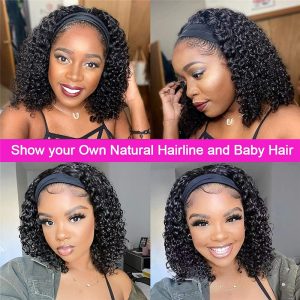 Alternative view of HeadBand Wig Curly Human Hair Wig None Lace Front Wigs for Black Women Deep Wave Machine Made Wigs Natural Color 150% Density