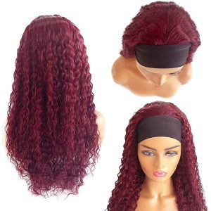 Highlights Headband Wig Human Hair Curly None Lace Front Wigs Deep Wave Natural Human Hair Wig Headband Attached Balayage Black with Auburn Highlights - Image 4