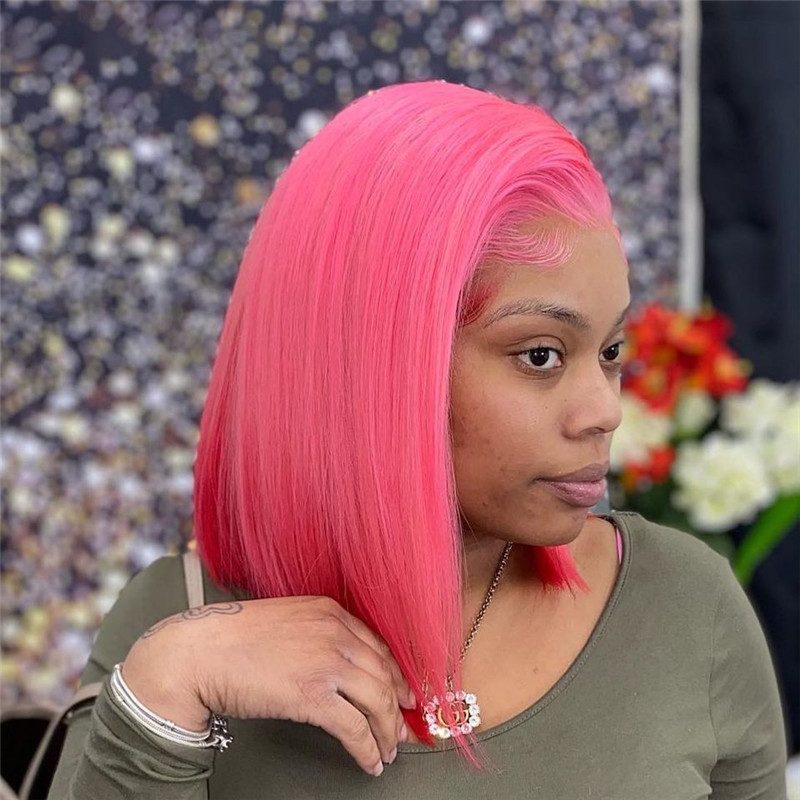 Leather Pink Bob Colored Human Hair Wigs Transparent Peruvian Remy Short Bob Lace Front Wigs Preplucked Closure Wig 150% - Image 3